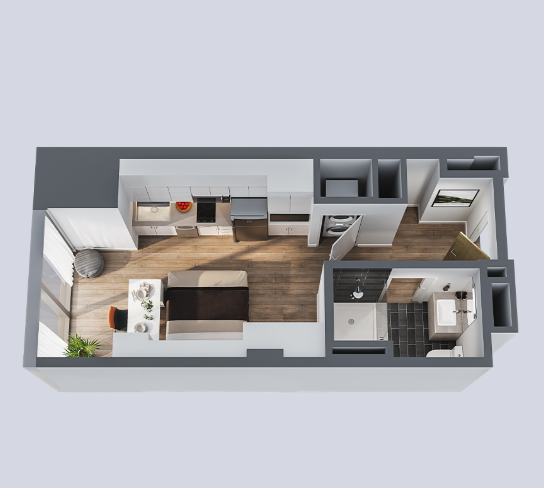 A 3D floor plan of a junior studio apartment showing an open layout with a kitchenette, dining area, living space with a bed, and a separate bathroom with a shower.