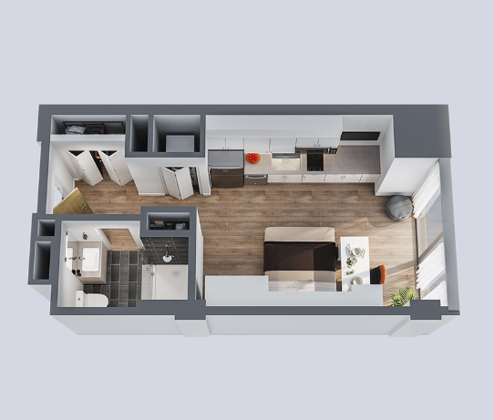 A 3D floor plan of a standard studio apartment featuring a kitchenette, dining area, living space with a bed and a bathroom with a shower and vanity.